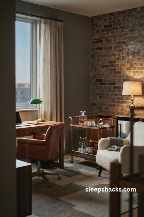 Man cave office with a compact brass bar cart glass decanter and cozy walnut furnishings