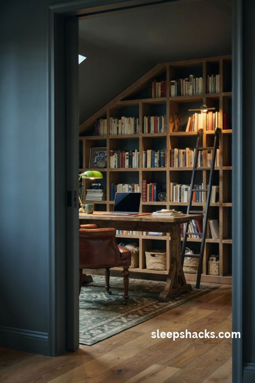 Man cave office with a floor to ceiling library wall rolling ladder and vintage leather chair