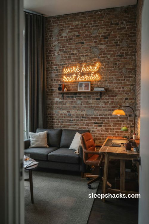 Man cave office with a glowing amber neon sign charcoal walls leather chair and cozy lounge lighting
