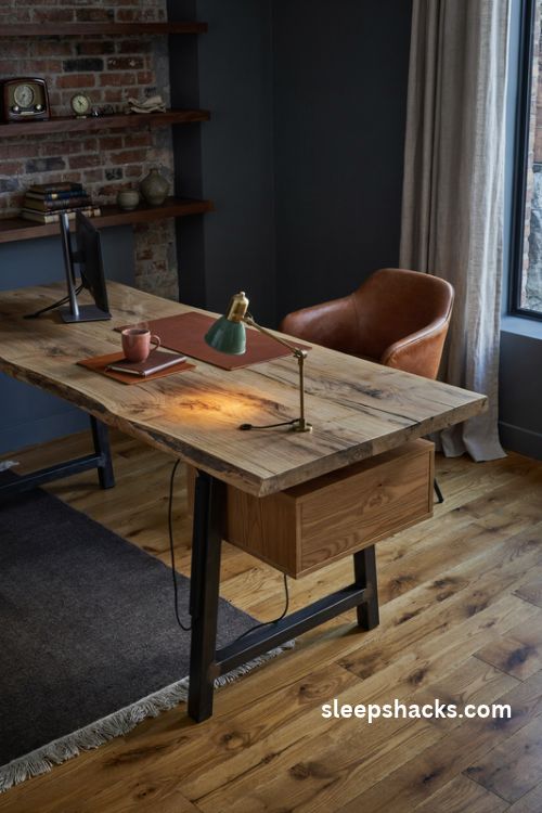 Man cave office with a reclaimed barn wood desk black steel legs and cognac leather chair