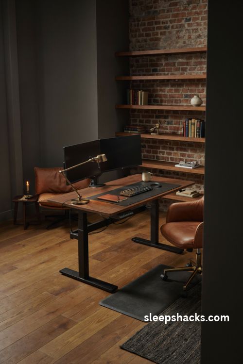 Man cave office with a rich walnut sit stand desk dual monitors and charcoal anti fatigue mat