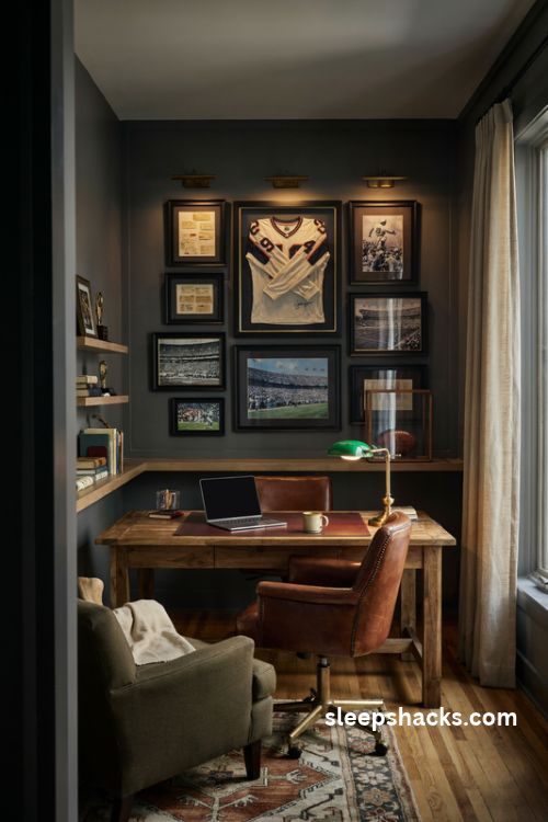 Man cave office with a sports memorabilia gallery wall signed jersey framed tickets and game ball display