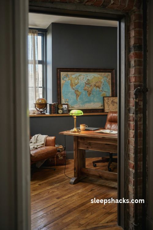 Man cave office with a vintage world map antique globe leather suitcase and rustic walnut desk