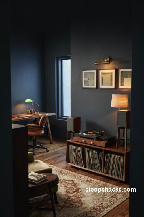 Man cave office with a vinyl record corner turntable bookshelf speakers and warm walnut cabinet