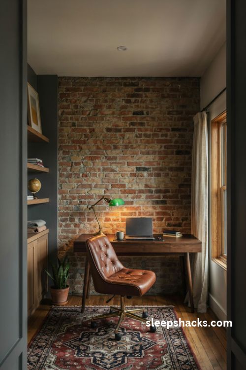 Man cave office with an exposed brick accent wall dark wood desk and leather executive chair