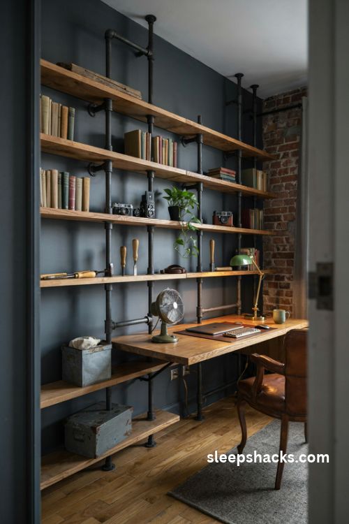 Man cave office with black iron pipe shelving reclaimed wood boards and rugged industrial decor