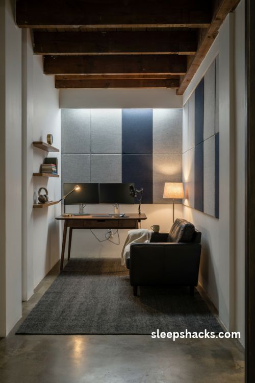 Man cave office with charcoal geometric acoustic panels and a thick textured area rug