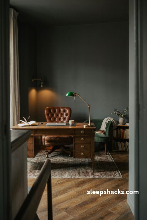 Man cave office with deep charcoal walls warm wood trim brass accents and cozy lighting