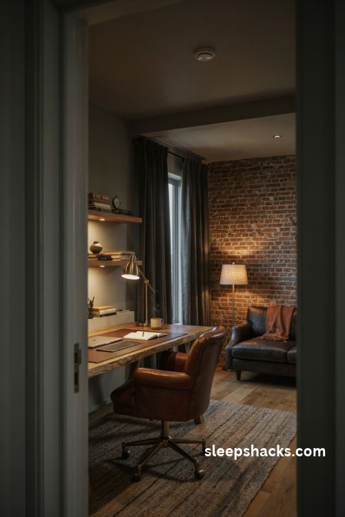 Man cave office with layered warm lighting brass desk lamp floor lamp and cozy amber wall lights