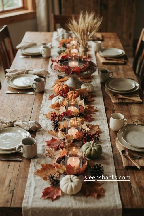 Maple leaf candle rings with berries for Thanksgiving table decor 