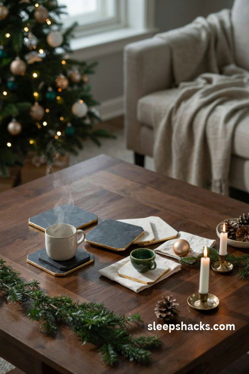 Marble and slate Christmas coasters with elegant gold painted edges