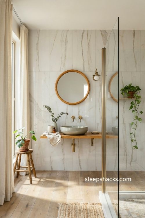 Marble and warm wood boho bathroom ideas with round mirror