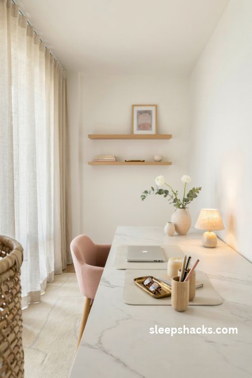 Marble look desk surface in a feminine home office with a white veined desktop, cream leather desk mat, gold accessories, blush pink accents, and warm wood decor