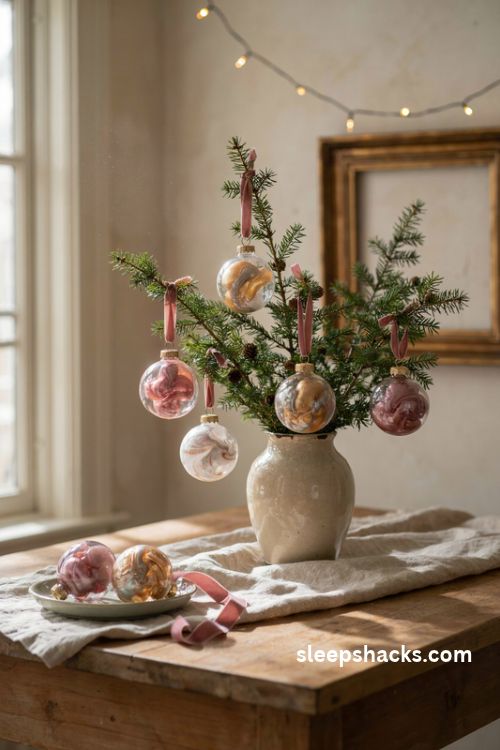 Marbled glass christmas ornaments in dusty pink and gold with velvet ribbons and elegant holiday decor
