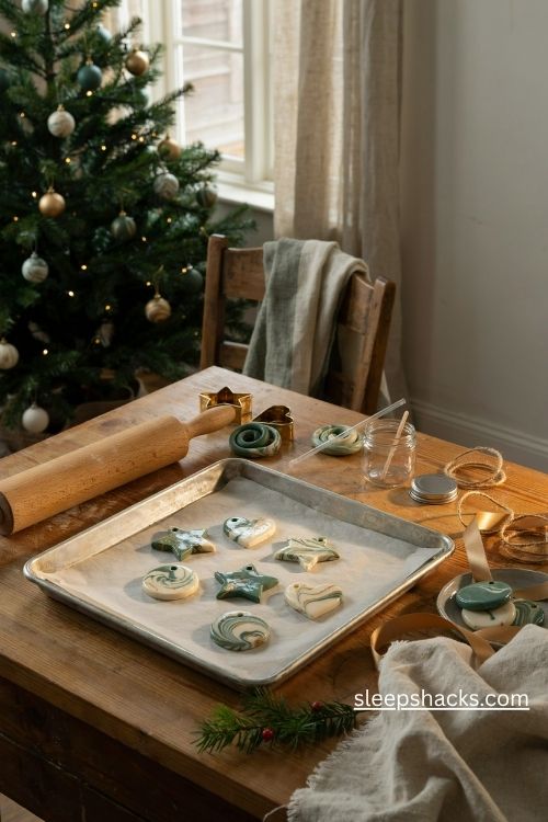 Marbled swirl polymer clay christmas ornaments in green white and gold