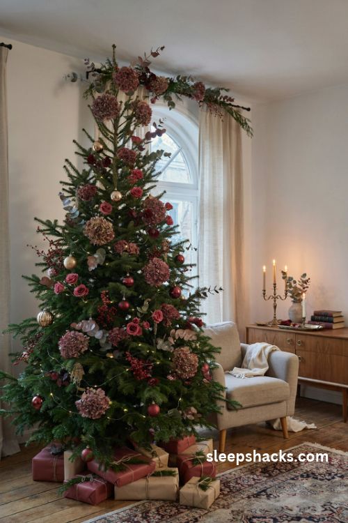 Maroon Christmas tree with dried burgundy hydrangeas roses and berry branches