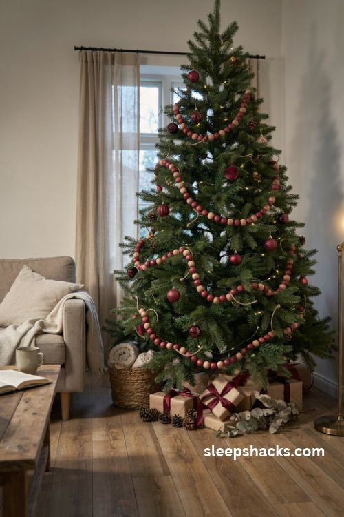 Maroon wooden bead garland on a rustic green Christmas tree with natural wood accents