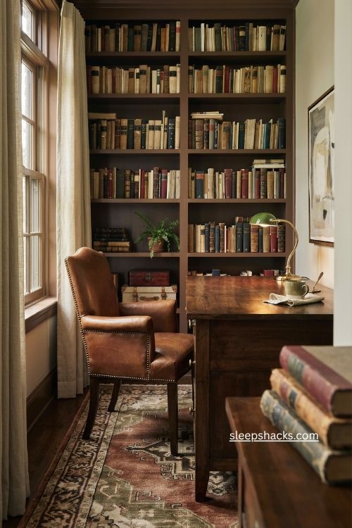 Masculine office decor with dark wood worn leather and classic library style