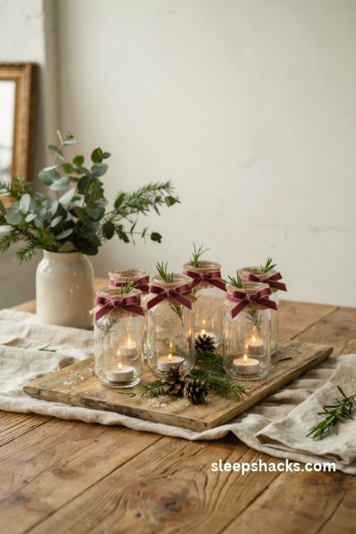 Mason jar christmas candle lanterns with frosted glass burlap ribbon and evergreen greenery