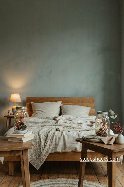 Mason jar christmas fairy lights with tiny pinecones and dried berries on a cozy wooden bedside table