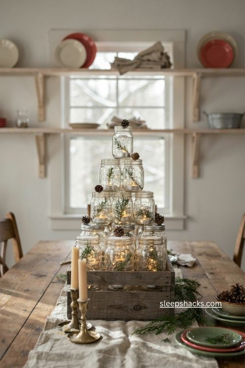 Mason jar christmas tree with glowing lights pinecones and faux snow on a rustic farmhouse table 