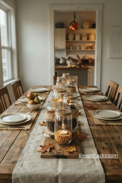 Mason jar lantern centerpiece with twine dried corn kernels and warm fall lights 