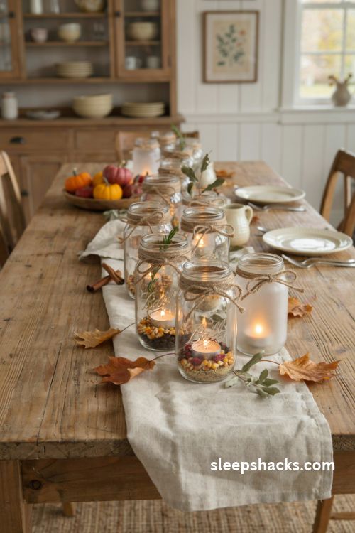 Mason jar lanterns with twine bows and warm lights for cozy Thanksgiving decor