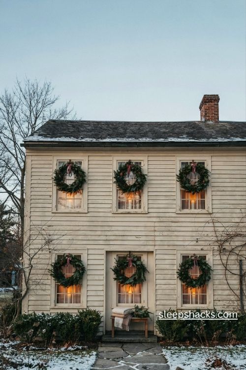 Matching evergreen christmas wreaths in every front window with warm candlelight