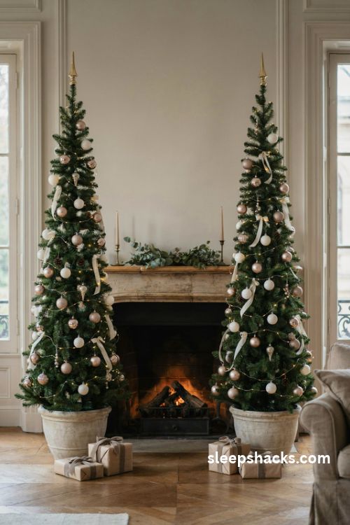 Matching slim christmas trees flanking a fireplace with elegant neutral ornaments