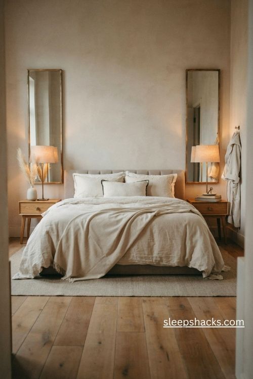 Matching tall mirrors above bedroom nightstands with warm lamps and neutral bedding