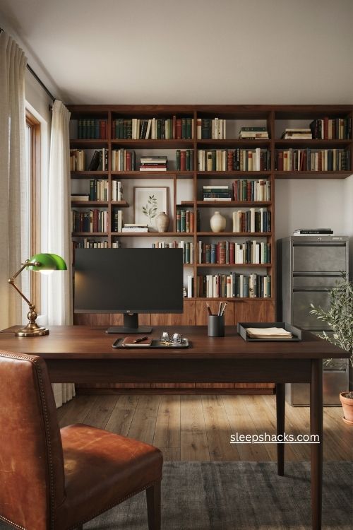 Matte black accessories and steel cabinet in a modern masculine office