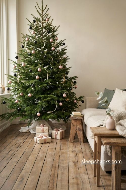 Matte black and blush pink christmas tree with cream ribbon and warm white lights