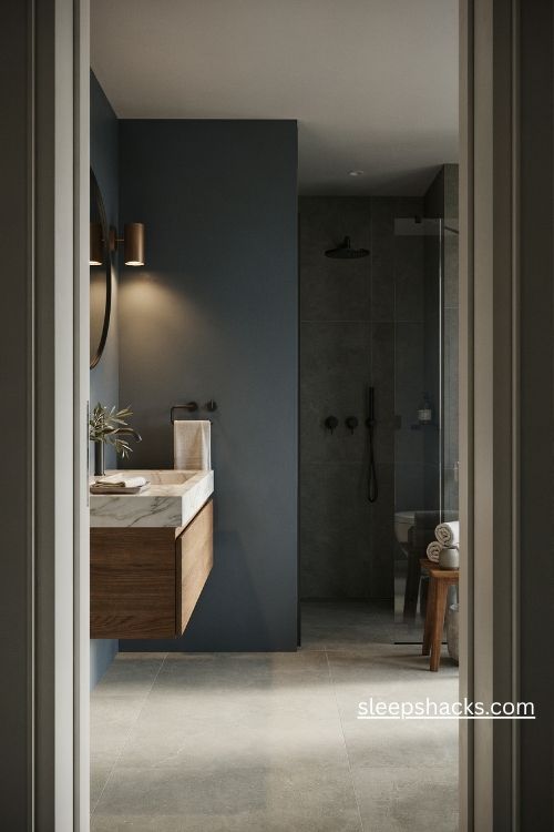 Matte black bathroom faucets with charcoal walls warm wood vanity and white marble