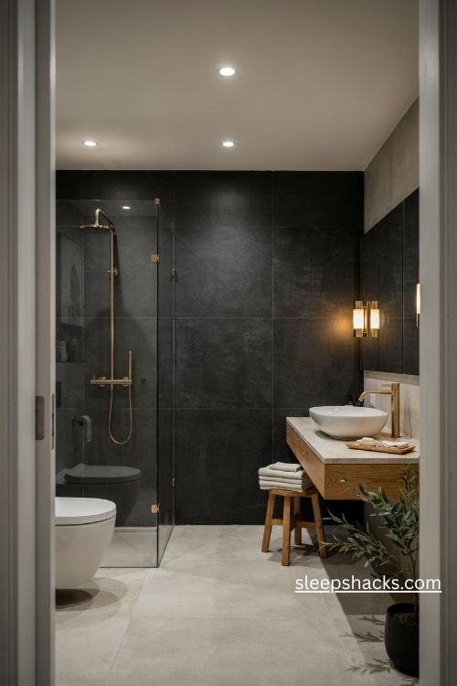 Matte black bathroom tile with white fixtures warm wood vanity and brass accents