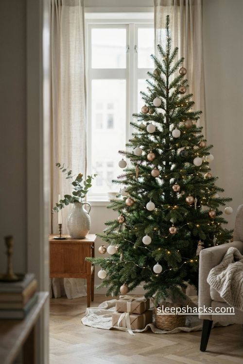 Matte gold and white ornaments on an elegant slim pencil christmas tree