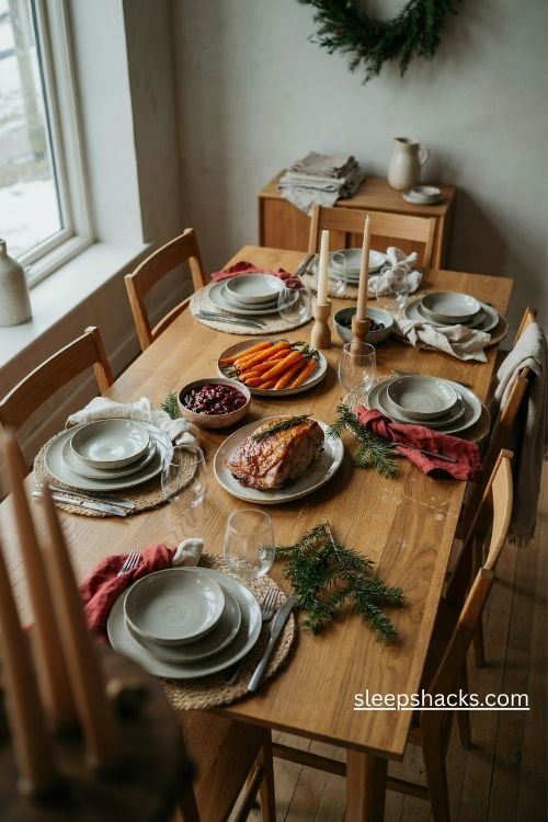 Matte gray stoneware Christmas plates with cranberry napkins and natural holiday table decor