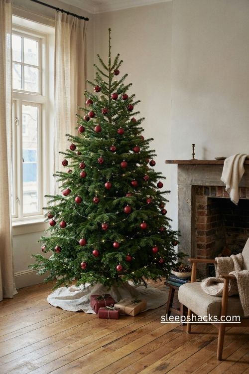 Matte red and brushed gold christmas tree balls with elegant traditional holiday decor