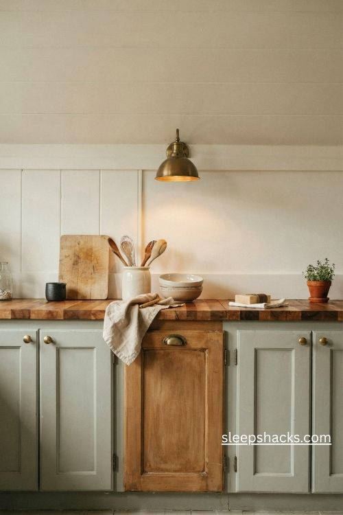 Matte sage vintage kitchen cabinets with gently distressed edges and natural wood
