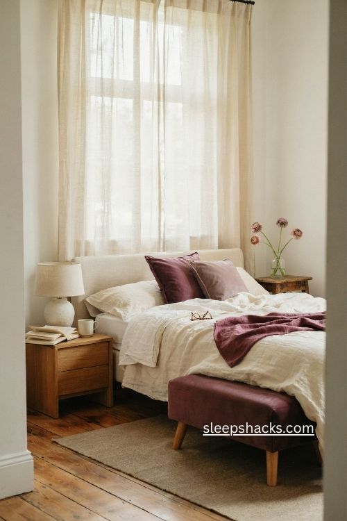 Mauve throw blanket and matching pillows on a cozy patterned bedroom bed