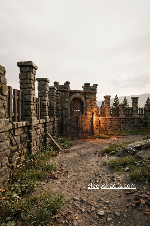 Medieval stone and timber Minecraft fence ideas with mossy details