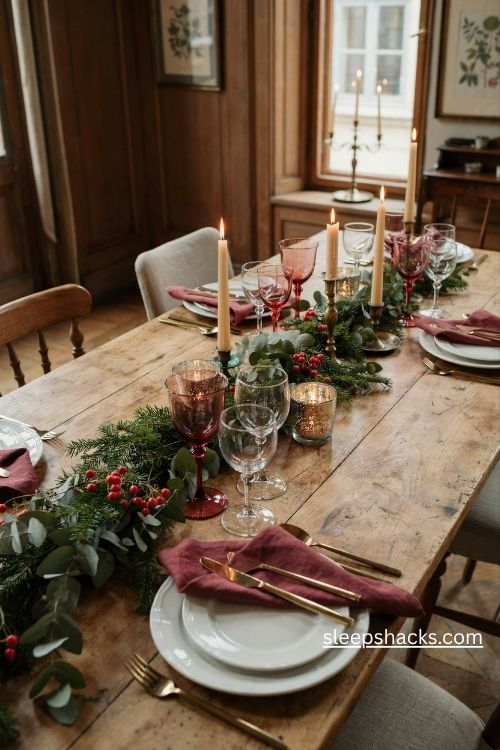 Mercury glass and brass candle holders with burgundy accents for an elegant christmas table