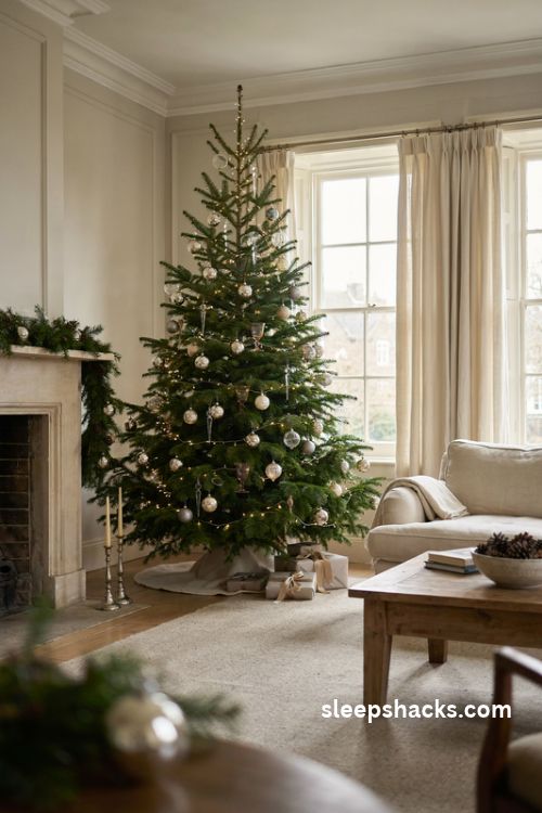 Mercury glass and mirrored silver christmas tree with champagne ornaments warm white lights and elegant neutral decor