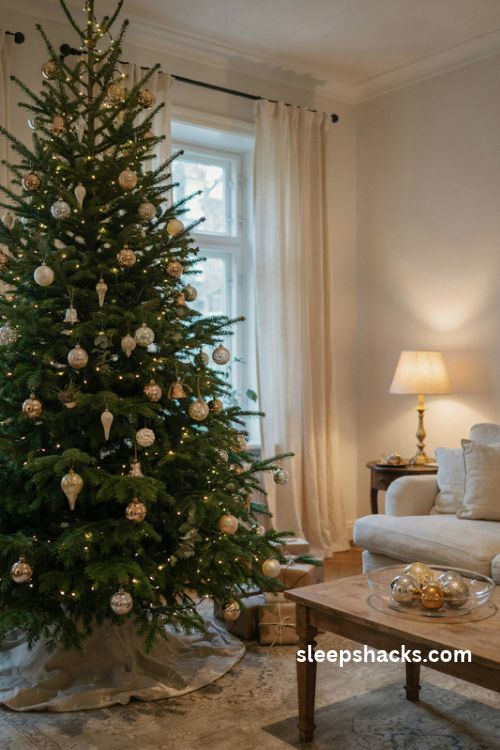 Mercury glass christmas ornaments in antique gold on a warm traditional christmas tree