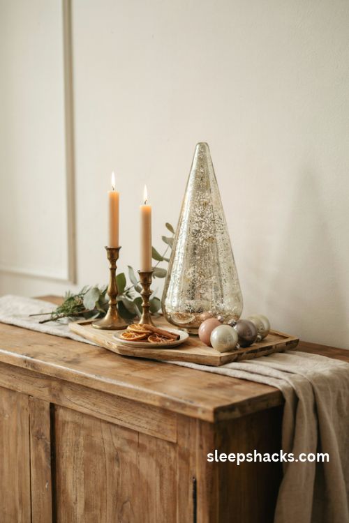 Mercury glass christmas tree with vintage brass candlesticks and rustic wood decor