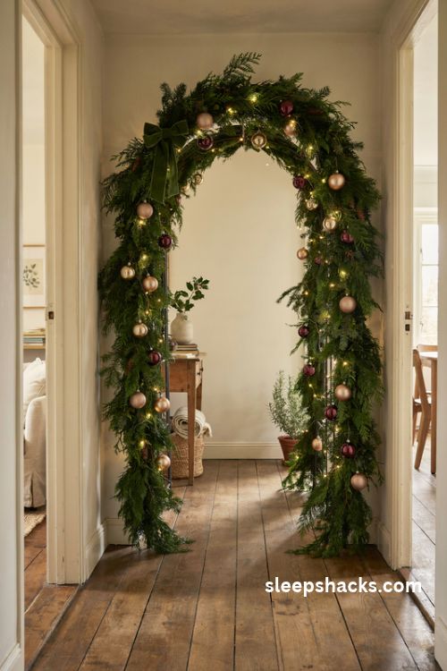 Metal Christmas arch frame draped in lush evergreen garland with velvet bow and oversized gold ornaments