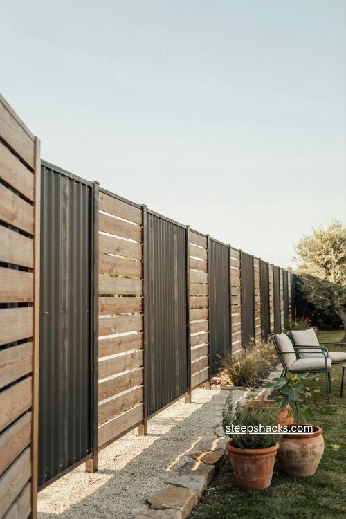 Metal and cedar slat fence with modern privacy panels and warm backyard landscaping