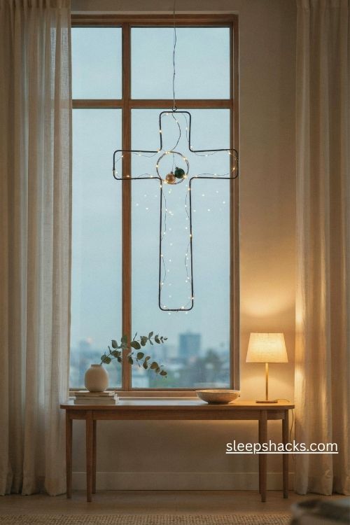 Metal wire frame cross christmas tree with warm micro lights and gold beads in a modern home