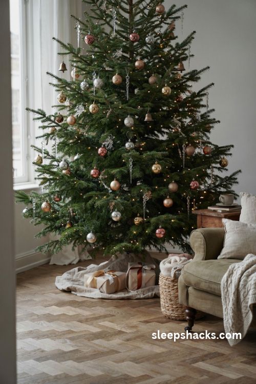 Metallic christmas tree with elegant gold silver and copper ornaments in a cozy living room