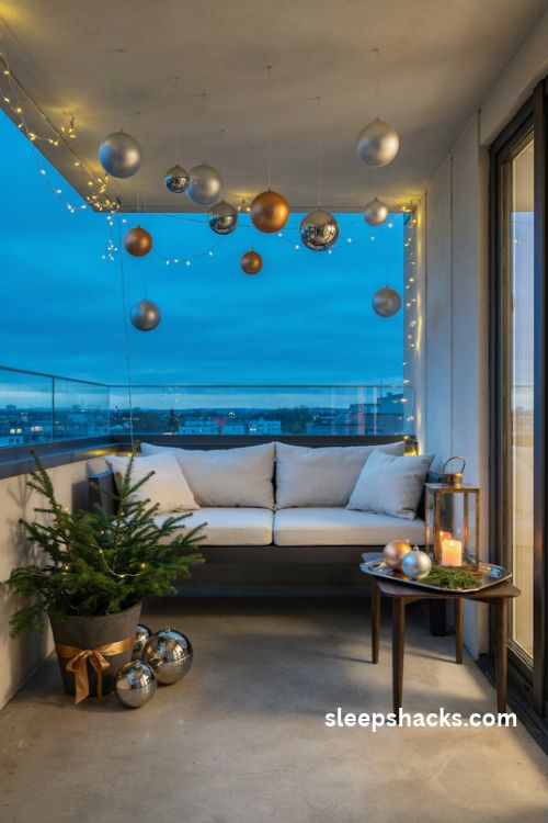 Metallic gold and silver Christmas balcony decor with reflective ornaments warm fairy lights brass lantern and modern outdoor styling