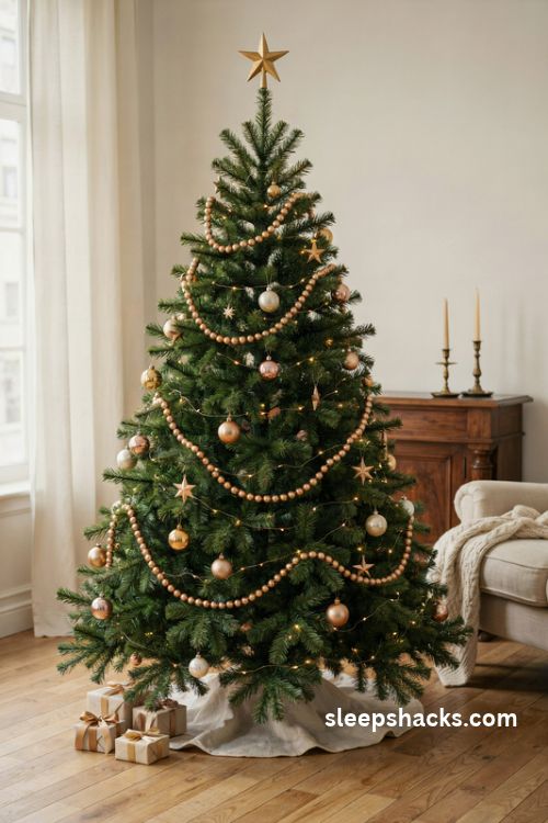 Metallic gold bead garland swags on a lush green christmas tree with warm white lights